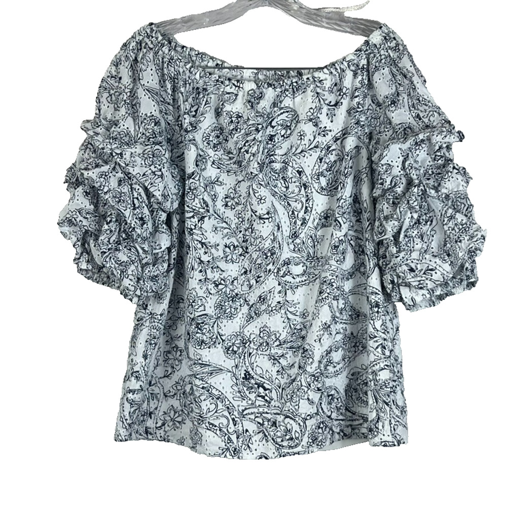 CeCe Blouse Womens M Eyelet Peasant Off The Shoulder Floral Ruffle Cottage